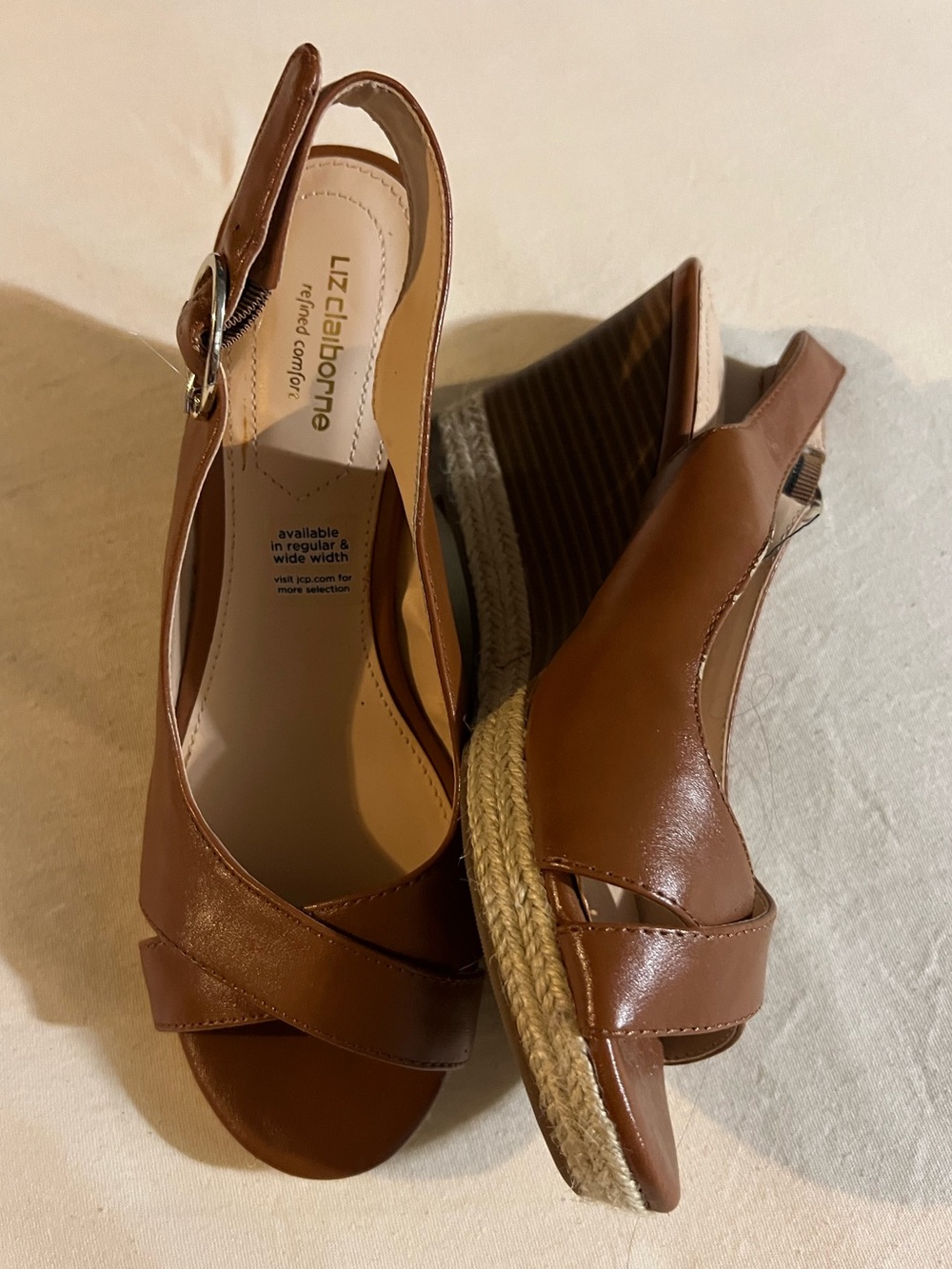 Liz Claiborne Tan Brown Leather Espadrille Wedge Sandals